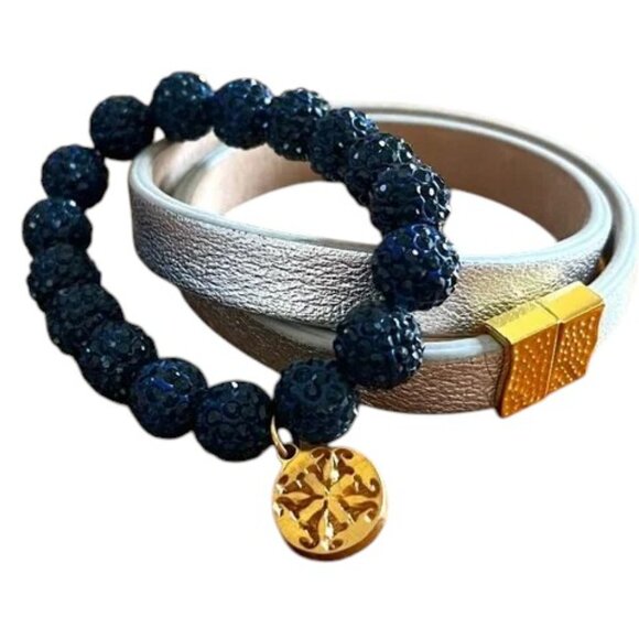 Rustic Cuff Metallic Silver Double Wrap and Navy Blue Pave Rhinestones Bracelets - Picture 1 of 4